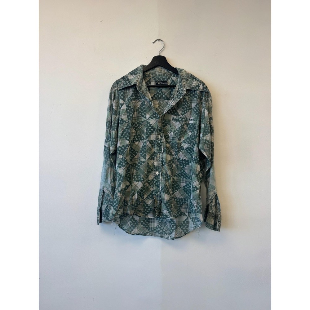 Vintage Fashion Classics Shirt Mens‎ Large Green Patchwork Plaid 70s Boho Disco
